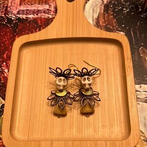 Cream and White Dangle Earrings with Intricate Design